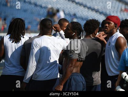 17 août 2019 ; Nashville TN, États-Unis Tennessee Titans défensive back se rencontrent juste avant de quitter le terrain pendant l'avant-match entre les Patriots de la Nouvelle-Angleterre et les Titans du Tennessee et le Nissan Stadium. (Crédit photo obligatoire : Steve Roberts/CSM)(crédit image : &copy ; Steve Roberts/Cal Sport Media/CSM via ZUMA Wire) Banque D'Images