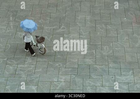 Francfort, Hesse, Allemagne. 24 juillet 2025. Une femme se protège de la pluie avec un parapluie dans le centre de Francfort, en Allemagne. (Crédit image : © Matias Basualdo/ZUMA Press Wire) USAGE ÉDITORIAL SEULEMENT ! Non destiné à UN USAGE commercial ! Banque D'Images
