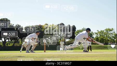 Batteur droitier batteur balançant la balle sur le terrain de cricket, avec icônes de médias sociaux, espace copie Banque D'Images