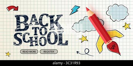 Retour à l'école. Tutoriels et cours sur Internet numérique, éducation en ligne, e-learning. Modèle de bannière Web pour le développement de sites Web, de pages de destination et d'applications mobiles. Griffonner. Illustration vectorielle Illustration de Vecteur