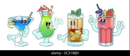 Personnages de cocktail groovy avec des bras et des visages de dessins animés - martini bleu, boisson tropicale verte avec parapluie, boisson avec glace et verre à la menthe, smoothie rose à la fraise pour les menus de bar rétro. Illustration de Vecteur