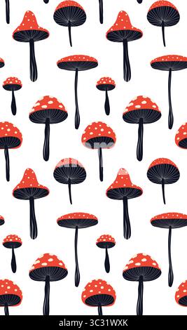 Modèle de conte de fées sans couture avec agarics de mouche dans le style de bande dessinée sur fond blanc. Texture magique avec des champignons amanita pour tissus et papiers peints. Illustration de Vecteur
