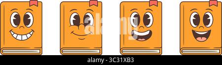 Ensemble de quatre mascottes de livre de bande dessinée orange avec des visages expressifs mettant en valeur des émotions heureuses, calmes, ludiques et excitées. Idéal pour l'éducation, les enfants c Illustration de Vecteur