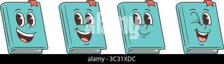 Ensemble de quatre mascottes bleues de livre de dessins animés présentant des expressions excitées, calmes et joyeuses. Des contours épurés créent du contenu éducatif et pour enfants attrayant Illustration de Vecteur