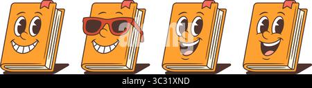 Ensemble de quatre mascottes de livres orange présentant des expressions amicales, joyeuses et excitées avec des poses dynamiques. Parfait pour l'éducation, les enfants ou le numérique Illustration de Vecteur