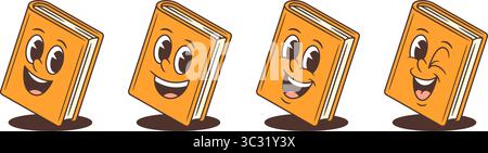 Ensemble de quatre mascottes de livre orange avec des expressions vivantes, telles que l'excitation, la joie, le rire et l'espiègle. Chaque personnage frappe une pose dynamique wi Illustration de Vecteur