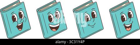 Ensemble de quatre mascottes Blue Book avec des expressions faciales vives allant de l'excité au calme. Personnages avec des yeux brillants et des sourires, parfait pour l'éducation Illustration de Vecteur