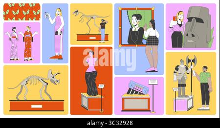 Les visiteurs modernes explorant le musée exposent un ensemble d'illustrations de grille bento Illustration de Vecteur