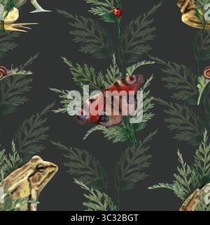 Motif sans couture sur un fond vert foncé avec des animaux de la forêt et des insectes et des feuilles. Illustration aquarelle d'un papillon, grenouille, escargot et ladybu Banque D'Images