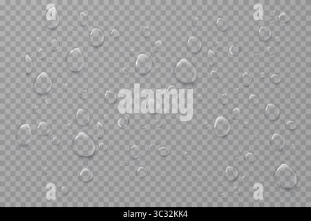 Plusieurs gouttelettes d'eau avec des ombres sur fond transparent. Idéal pour superposer des images, des emballages ou des maquettes réalistes. Illustration de Vecteur