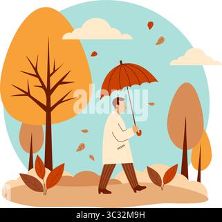 Homme d'automne en imperméable avec parapluie sous les feuilles tombantes marchant dans le parc d'automne. Paysage automnal avec des arbres colorés. Illustration vectorielle. Pas IA Illustration de Vecteur