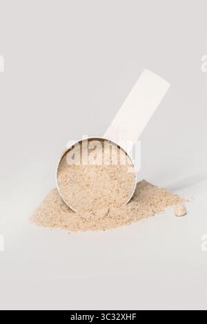 Pelle de mesure en plastique avec poudre de protéines Banque D'Images