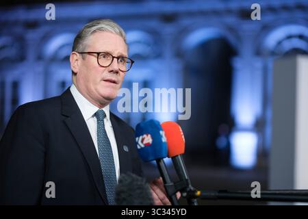Belgique, Bruxelles, le 3 février 2025 : Sir Keir Starmer, premier ministre du Royaume-Uni, s'adresse aux médias avant une réunion des dirigeants de l'UE au t Banque D'Images