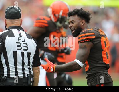 8 septembre 2019, Cleveland, OH, États-Unis : Cleveland Browns Jarvis Landry discute avec un officiel du match lors du deuxième quart-temps contre les Titans du Tennessee le dimanche 8 septembre 2019 à Cleveland, Ohio, au FirstEnergy Stadium. Les Browns perdent le match 43-13. (Crédit image : © TNS via ZUMA Wire) Banque D'Images