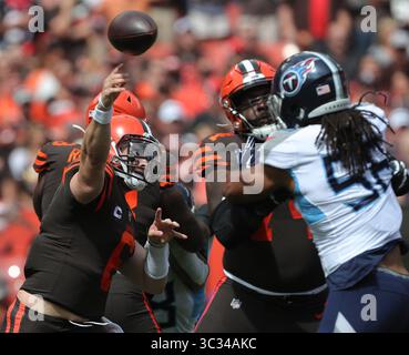 8 septembre 2019, Cleveland, OH, USA : le quarterback Baker Mayfield (6) des Browns de Cleveland fait une passe lors du premier quart-temps d'un match de football contre les Titans du Tennessee au FirstEnergy Stadium, dimanche 8 septembre 2019, à Cleveland, Ohio. (Crédit image : © TNS via ZUMA Wire) Banque D'Images