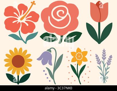 Ensemble d'illustration florale plate fleurs vectorielles colorées pour les conceptions de printemps, de mariage et de nature Illustration de Vecteur
