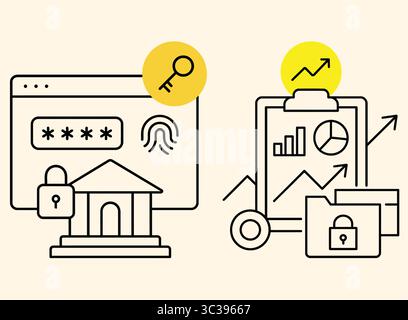 Connexion sécurisée et icône d'analyse définir mot de passe, biométrique, graphique, croissance et vecteur de protection des données Illustration de Vecteur