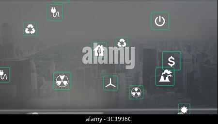 Affichage des icônes d'énergie et de recyclage sur la vitre affichant les symboles dollar de rayonnement et d'émission Banque D'Images