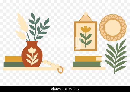 Boho Shelf Decor illustration éléments minimaux Cozy Home avec vases, livres et art mural Illustration de Vecteur
