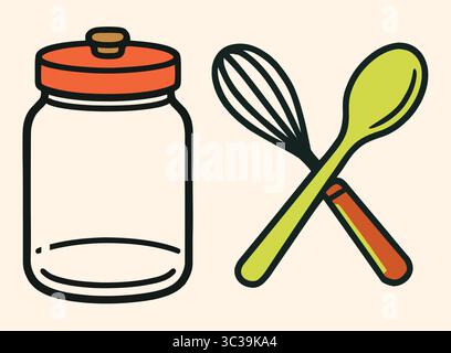 Rétro ustensiles de cuisine illustration pot, fouet et cuillère icône dans le style plat Illustration de Vecteur