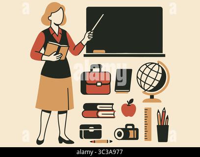 Ensemble rétro d'illustration de professeur Tableau noir de classe, livres et fournitures scolaires vecteur Illustration de Vecteur