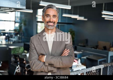 Souriant pdg homme d'affaires d'âge moyen regardant la caméra dans le bureau, portrait. Banque D'Images