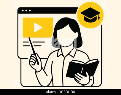 Enseignant illustration en ligne éducateur féminin avec pointeur et livre pour E-Learning et vecteur de webinaire Illustration de Vecteur