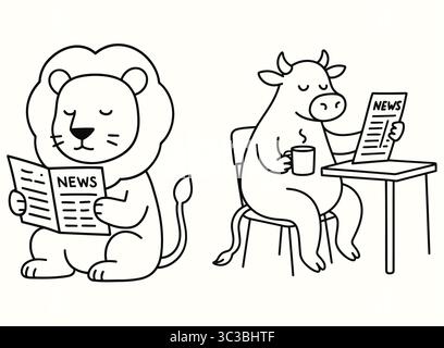 Animaux mignons lisant les nouvelles Cozy Lion and Cow Line Art illustration Illustration de Vecteur