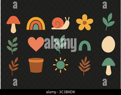 Fantaisiste Folk nature icône Set champignons, escargots, arc-en-ciel, feuilles et Clipart floral Illustration de Vecteur