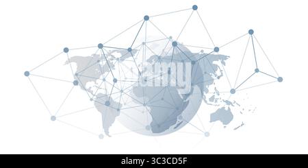 Globe gris abstrait avec des points de réseau 3D et des lignes reliant les continents sur un fond gris de carte du monde. Concept moderne de communication globale, Illustration de Vecteur
