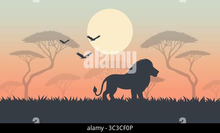 Silhouette de lion africain au coucher du soleil illustration vectorielle. Illustration de Vecteur