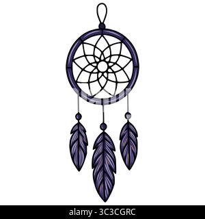 Illustration vectorielle élégante d'un capteur de rêves avec trois plumes détaillées, avec un schéma de couleurs violet foncé et un design géométrique complexe. Illustration de Vecteur