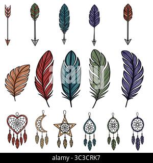 Collection d'illustrations vectorielles : flèches décorées de plumes et de capteurs de rêves de différentes formes et couleurs, parfaites pour les conceptions de style boho. Illustration de Vecteur