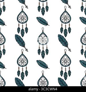 Motif vectoriel sans couture avec des capteurs de rêve sarcelle, des plumes et des flèches, créant un design d'inspiration bohème parfait pour les impressions textiles ou le bac Web Illustration de Vecteur