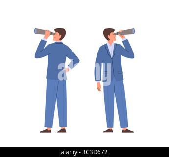 Homme d'affaires regardant à travers le télescope. Personnage masculin en costume debout derrière et devant. Concept commercial Illustration de Vecteur