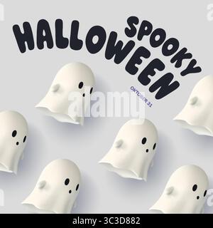 Affiche minimale d'Halloween avec de mignons fantômes effrayants et une typographie noire audacieuse. Fond clair et motif fantôme flottant. Idéal pour la décoration de fête Illustration de Vecteur
