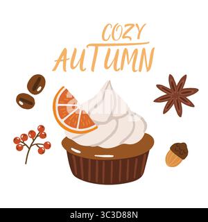 Boissons et desserts d'automne, doodle, art cosy d'automne, conception pour affiches, cartes, autocollants Illustration de Vecteur