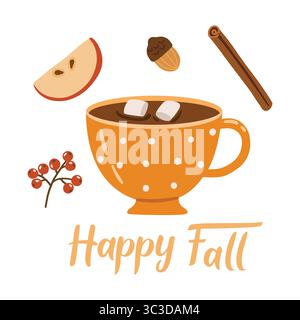 Boissons et desserts d'automne, doodle, art cosy d'automne, conception pour affiches, cartes, autocollants Illustration de Vecteur