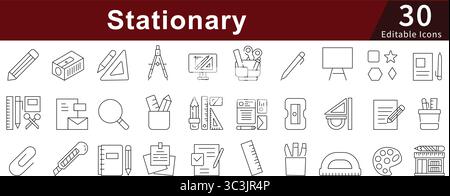 Icônes de ligne éditables stationnaire définies pour les fournitures de bureau, d'école, d'écriture et d'entreprise Illustration de Vecteur