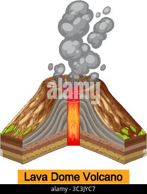 Illustration vectorielle détaillée d'une coupe transversale de volcan en dôme de lave avec des couleurs vibrantes et des couches géologiques claires Illustration de Vecteur