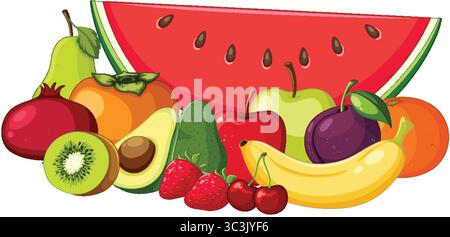Illustration vectorielle vibrante de divers fruits frais disposés ensemble, en utilisant des couleurs vives, des contours propres et un style de conception plat pour une conce alimentaire saine Illustration de Vecteur