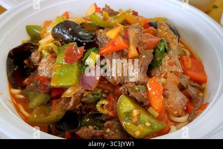 Lagman, alias laghman, ragoût traditionnel de viande et de légumes d'Asie centrale, servi sur des nouilles dans un bol blanc Banque D'Images