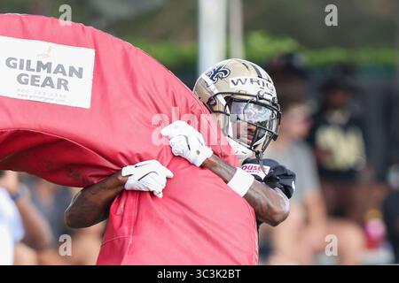 La Nouvelle-Orléans, États-Unis. 25 juillet 2025. Cornerback Rejzohn Wright (25 ans) participe à un exercice lors de la troisième journée du camp d’entraînement des Saints de la Nouvelle-Orléans au Centre de performance sportive d’Ochsner le vendredi 25 juillet 2025 à Metairie, en Louisiane. (Photo de Peter G. Forest/Sipa USA) crédit : Sipa USA/Alamy Live News Banque D'Images