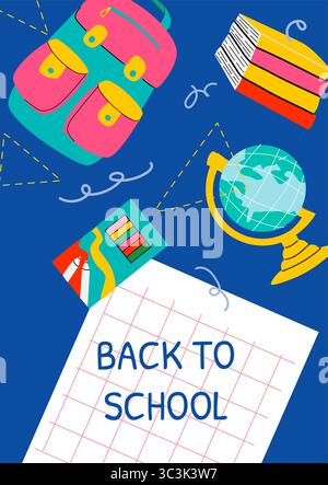 Retour à l'école. Affiche colorée de vente d'école avec un design ludique, fournitures scolaires avec sac à dos, livres, globe et papeterie, éléments mignons pour l'école Illustration de Vecteur