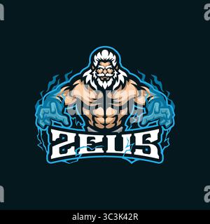 Vecteur de conception de logo de mascotte Zeus. Illustration Zeus avec le feu à la main. Illustration de Vecteur