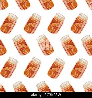 Modèle sans couture avec des pots en verre remplis de confiture de fruits. Peint à la main dans un style aquarelle délicat, idéal pour le décor de cuisine d'automne, Banque D'Images