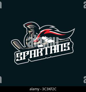 Vecteur de conception de logo de mascotte Spartan avec un style de concept d'illustration moderne pour l'impression de badge, d'emblème et de t-shirt. Illustration de hockey Spartan. Illustration de Vecteur
