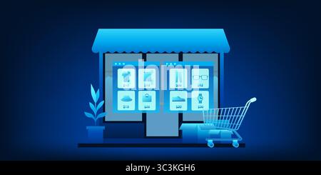 Magasin de vêtements en ligne avec un affichage numérique montrant les vêtements, les prix et les promotions. Un panier est situé à l'avant, combinant les deux physi Illustration de Vecteur