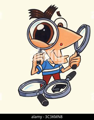 Art homme avec loupe concept explorer enquête scientifique, recherche, recherche, zoom, enquêter, détecter les antiquités de recherche d'emploi de recherche de maison de recherche Banque D'Images