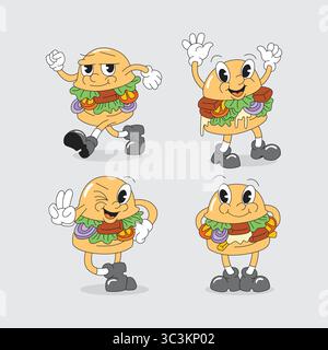 Motif mascotte hamburger. Pack vecteur hamburger mignon. Illustration de Vecteur